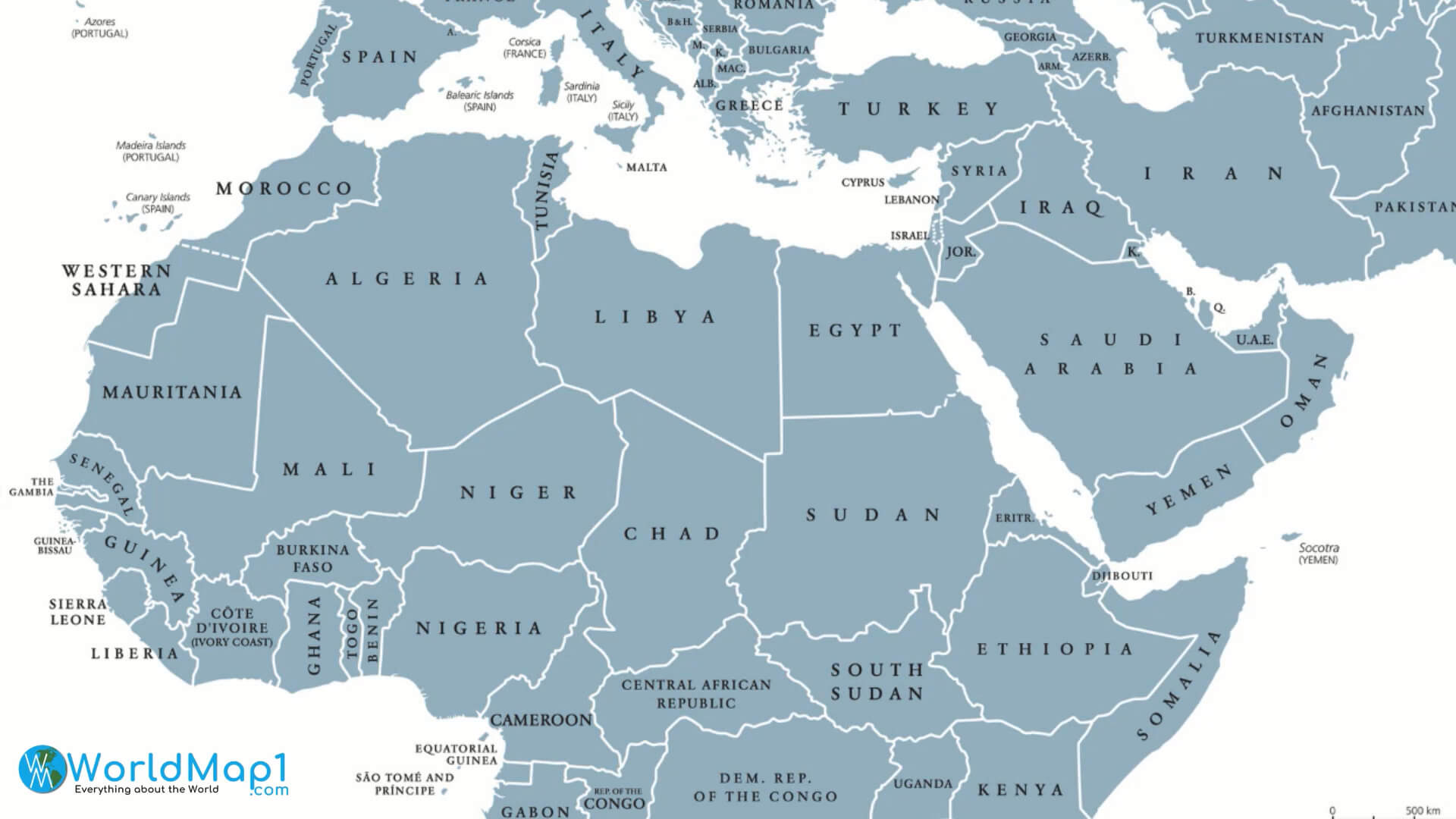Africa Balkans and Middle East National Borders Map